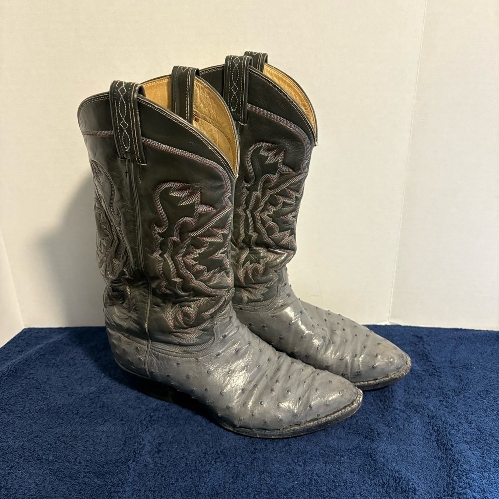 Vintage Tony Lama El Rey Gray Full Quill Ostrich Cowboy Boots Leather Mens 9.5 E